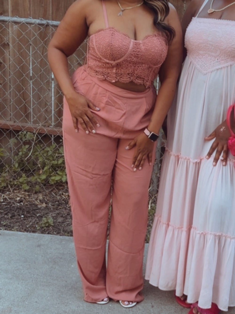 Women’s Pink Lace Bustier Top and Wide-Leg Pants Set